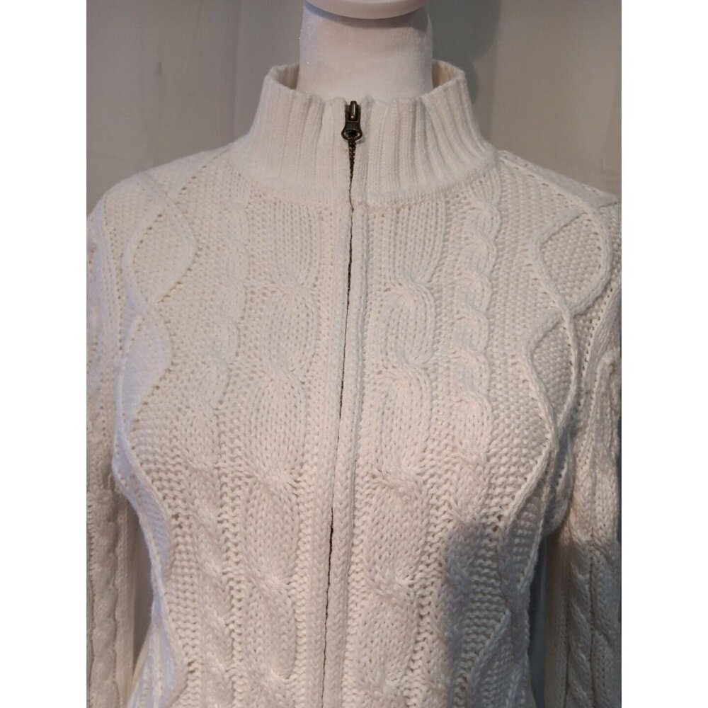 Vintage 90S Sz S Petite Cable Knit Zip Up Sweater Cardigan Ramie &‎ Cotton Blend - Picture 2 of 11